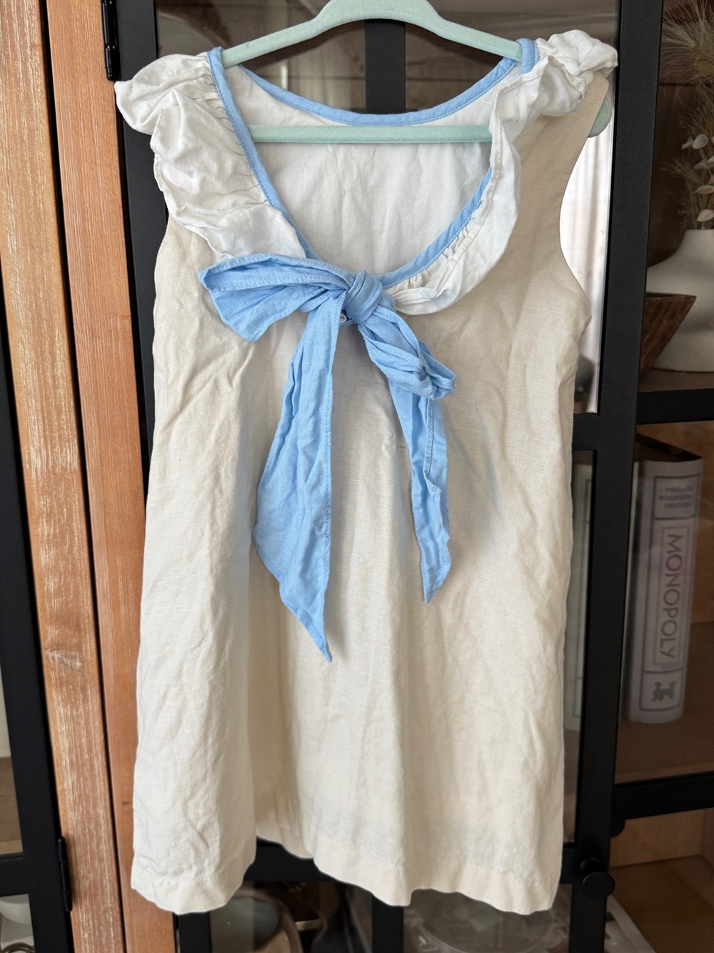 The Oaks Apparel Bow linen dress ruffle collar toddler beige shift sleeveless